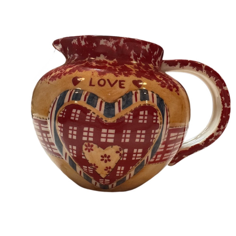 Russ Berrie & Co. Ceramic Pitcher Creamer Love Heart‎ Plaid Country Farmhouse